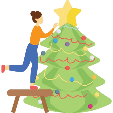 A menina está decorando a árvore de Natal  Ilustração