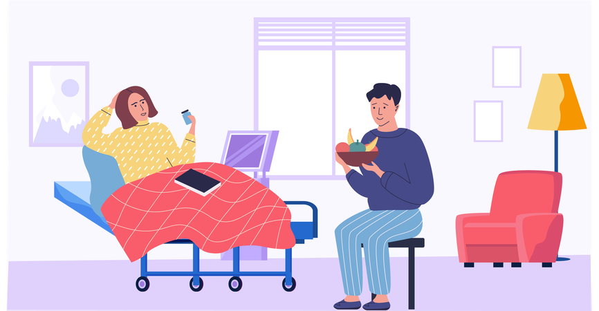 Menina está deitada na cama do hospital  Ilustração