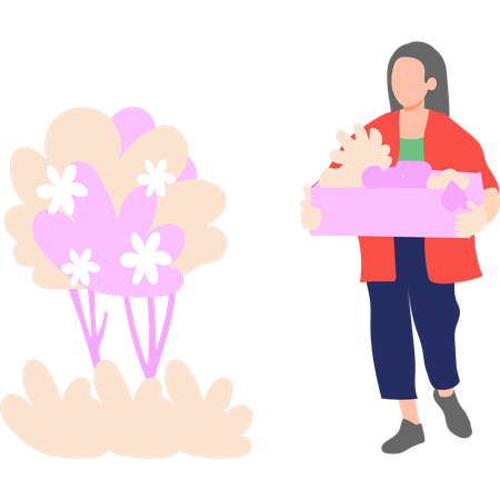 Garota está segurando a bandeja de flores  Ilustração