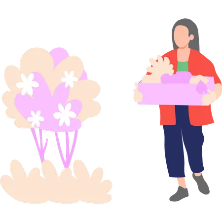 Garota está segurando a bandeja de flores  Ilustração