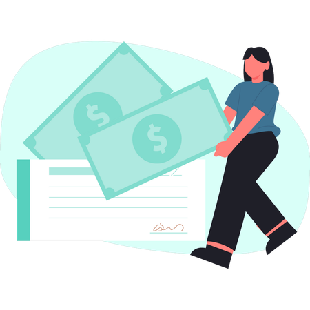 A menina está segurando dinheiro em dólar  Ilustração