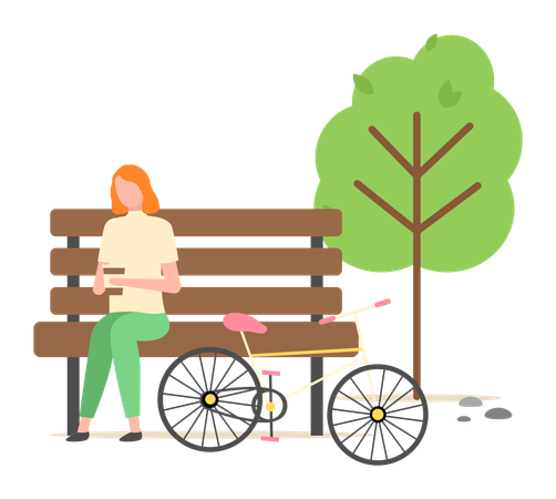 A menina está sentada no banco do jardim com sua bicicleta  Ilustração