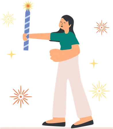 Menina estourando fogos de artifício  Ilustração