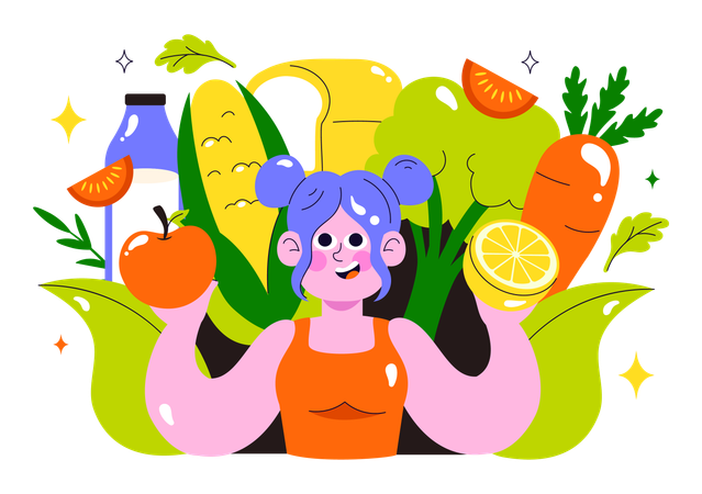 Menina falando sobre alimentação limpa  Ilustração