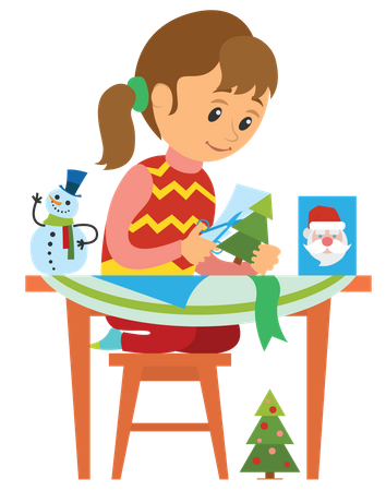 Menina fazendo árvore de natal de papel  Ilustração