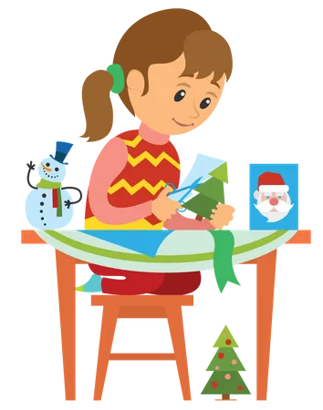 Menina fazendo árvore de natal de papel  Ilustração