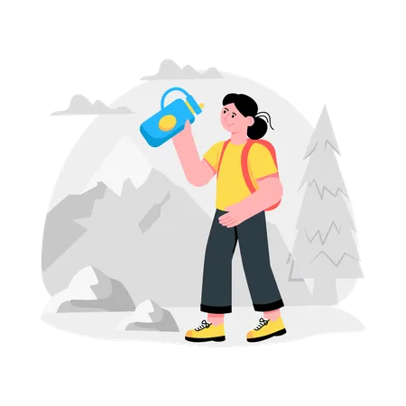 Garota recebendo hidratação para caminhadas  Ilustração