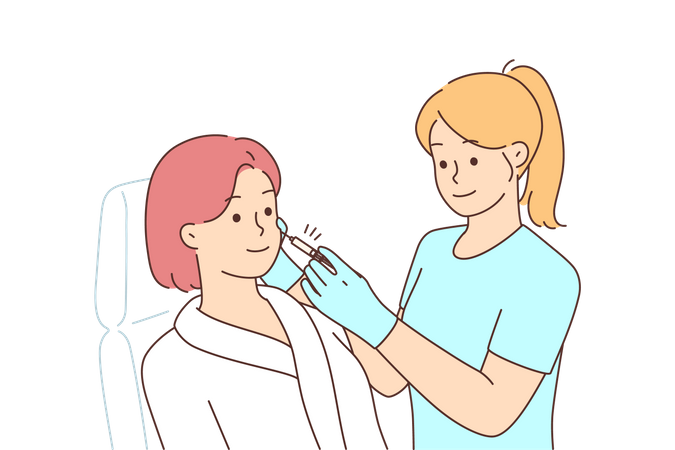 Menina fazendo cirurgia facial com injeção de Botox  Ilustração