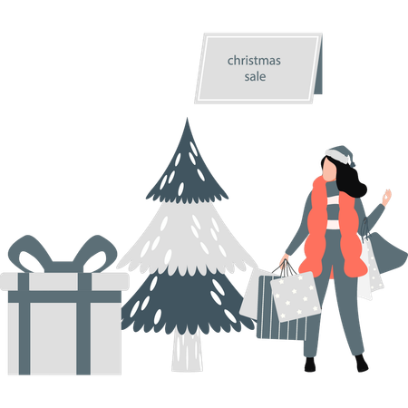 Menina fazendo compras na liquidação de Natal  Ilustração