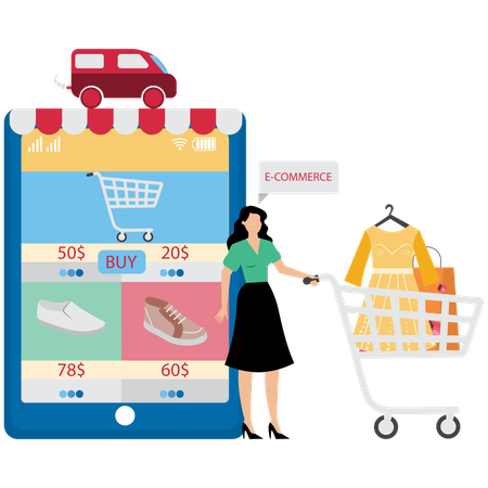 Menina fazendo compras em loja digital  Ilustração