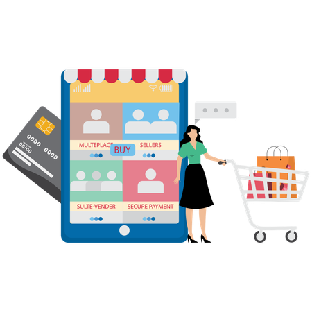 Menina fazendo compras no Marketplace  Ilustração