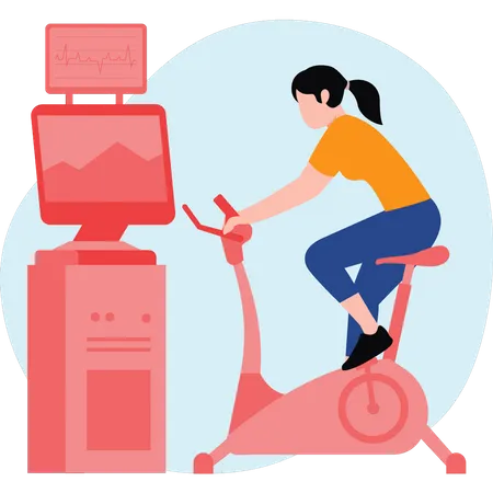 Garota fazendo exercícios na máquina de ciclismo  Ilustração