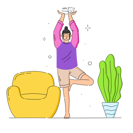 Menina fazendo ioga em casa segurando gato  Ilustração