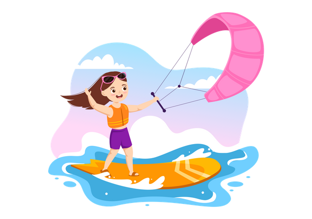 Menina praticando kitesurf  Ilustração