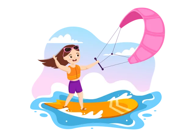 Menina praticando kitesurf  Ilustração