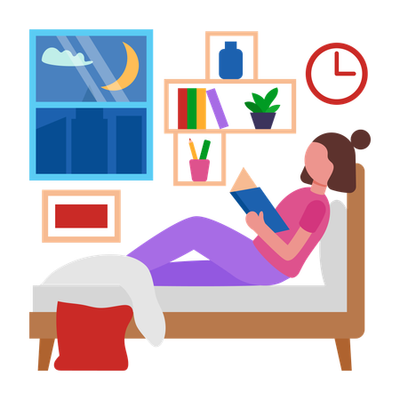 Menina fazendo leitura na hora de dormir  Ilustração