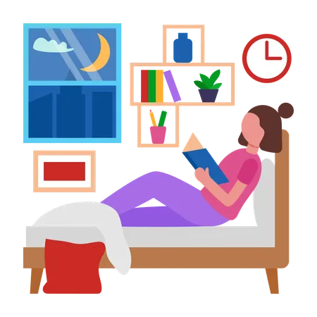 Menina fazendo leitura na hora de dormir  Ilustração