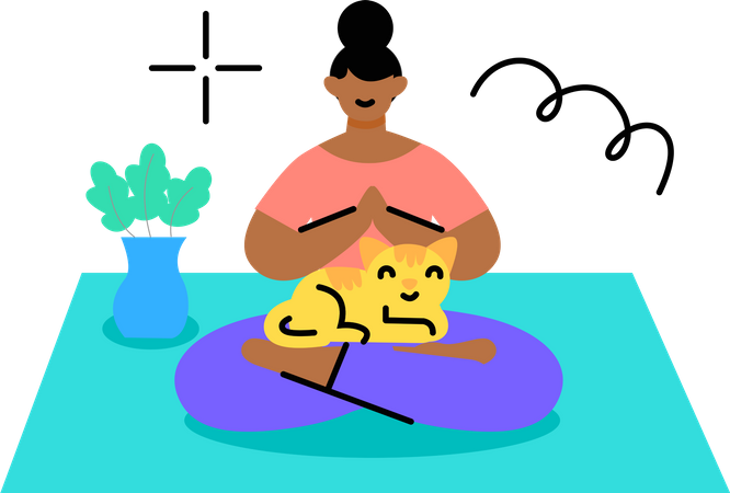 Menina fazendo meditação com gatinho no colo  Ilustração