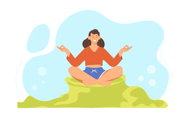 Menina fazendo meditação no jardim  Ilustração