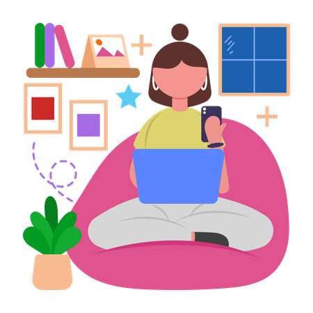Menina fazendo multitarefa usando vários dispositivos  Ilustração