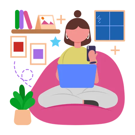 Menina fazendo multitarefa usando vários dispositivos  Ilustração