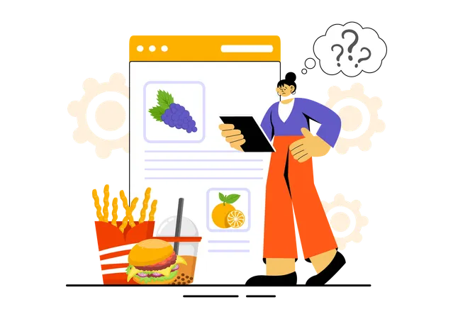 Menina fazendo tabela de dieta online  Ilustração