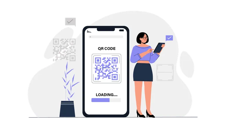 Garota fazendo pagamento por código QR enquanto verifica o processo de carregamento do código QR  Ilustração