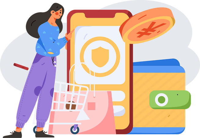 Menina fazendo pagamento de compras usando código qr  Ilustração