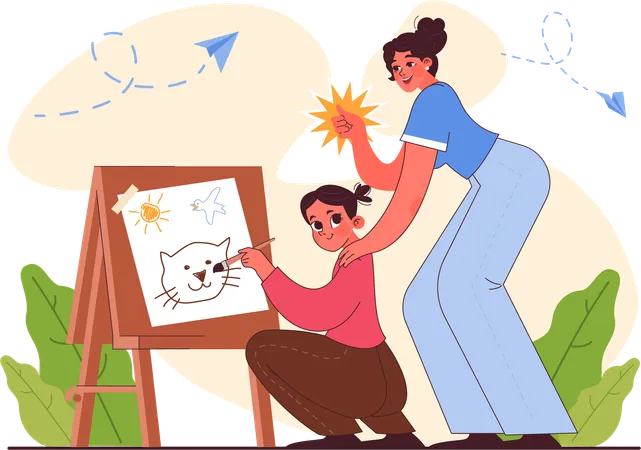 Menina fazendo pintura enquanto a mãe aprecia sua filha  Ilustração