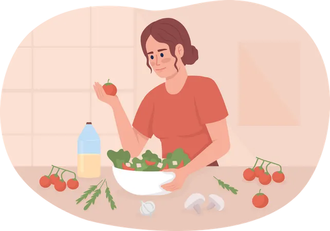 Menina fazendo salada com legumes frescos  Ilustração