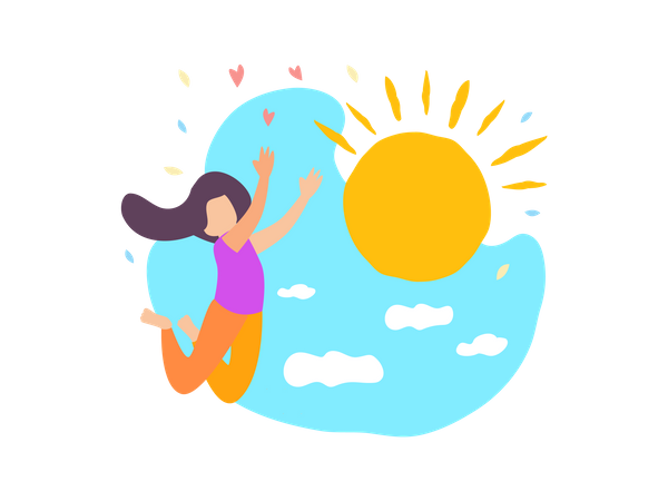 Garota feliz pula com sol brilhando céu azul com nuvens  Ilustração