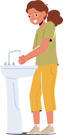 Menina parada na pia do banheiro lavando as mãos  Ilustração
