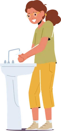 Menina parada na pia do banheiro lavando as mãos  Ilustração