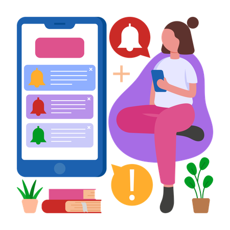 Menina, fique informada verificando as notificações  Ilustração