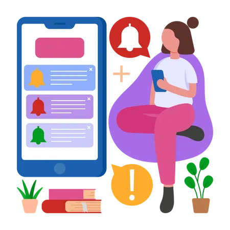 Menina, fique informada verificando as notificações  Ilustração