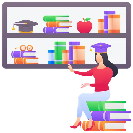 Menina graduada na biblioteca  Ilustração