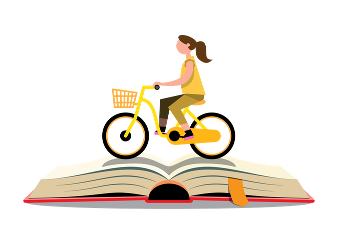 Menina indo para a escola andando de bicicleta  Ilustração