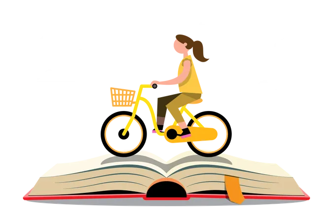 Menina indo para a escola andando de bicicleta  Ilustração