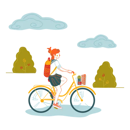 Menina indo para a escola de bicicleta  Ilustração