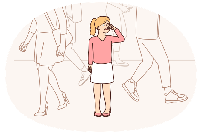 Menina infeliz chorando enquanto está na rua em um lugar público depois de se perder na cidade grande  Ilustração