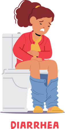 Menina infeliz com diarréia sentada no banheiro  Ilustração