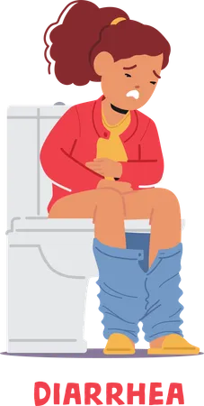 Menina infeliz com diarréia sentada no banheiro  Ilustração