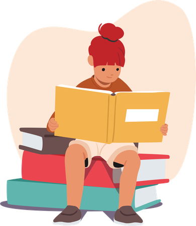 Menina inteligente e fofa lendo sentada em uma pilha de livros enormes curtindo um hobby  Ilustração