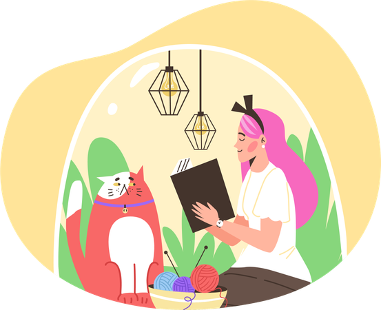 Menina introvertida feliz sentada sob uma cúpula transparente com um gato e lendo um livro  Ilustração