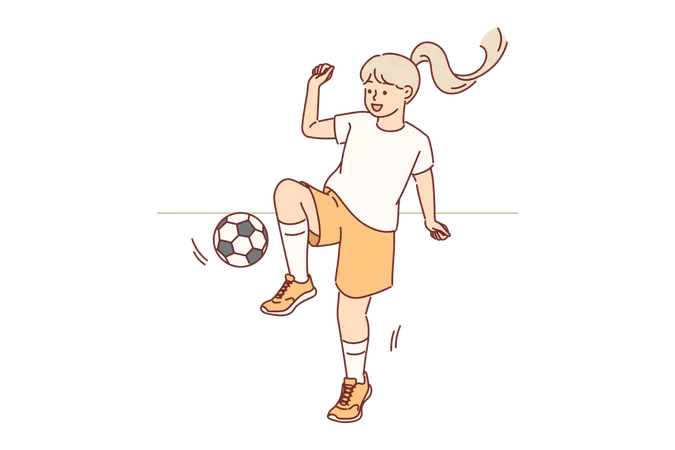 Menina joga futebol durante sessão de treinamento ao ar livre  Ilustração