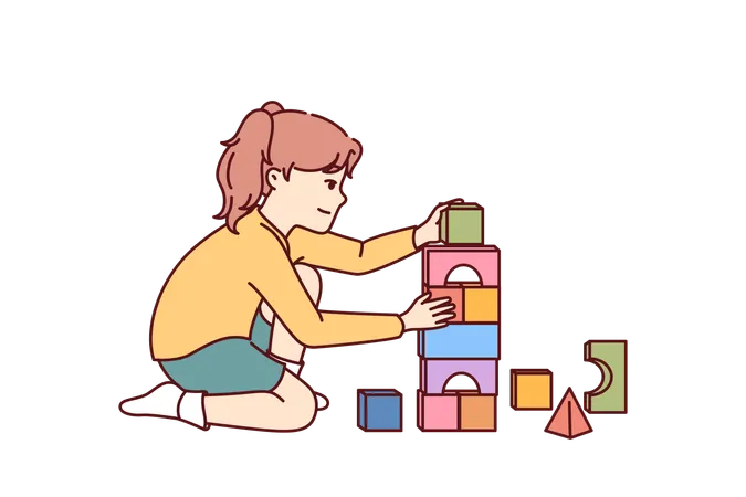 Garota joga jogo de blocos de construção  Ilustração