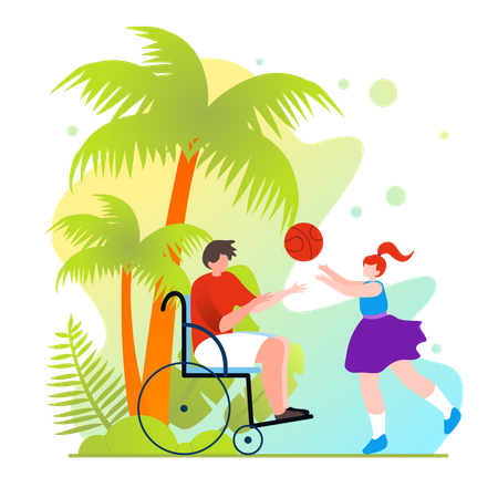 Menina jogando bola com homem confinado a cadeira de rodas  Ilustração