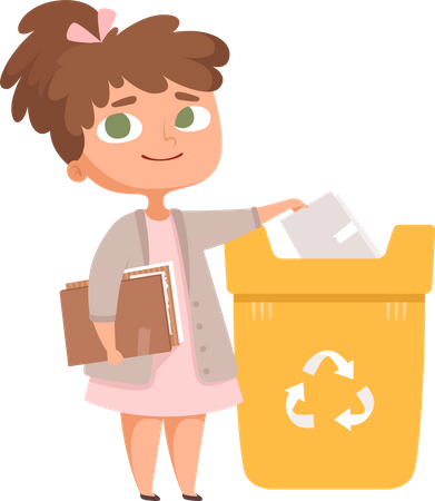 Menina jogando caderno na lata de lixo  Ilustração