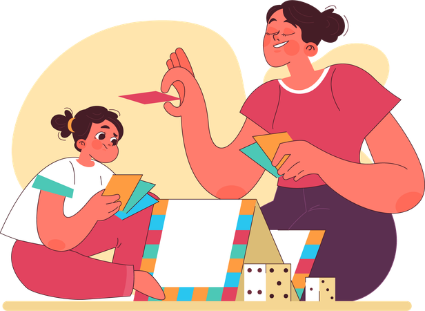 Menina jogando jogos de mesa com a mãe  Ilustração