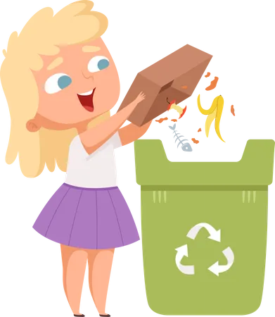 Menina jogando lixo na lata de lixo  Ilustração